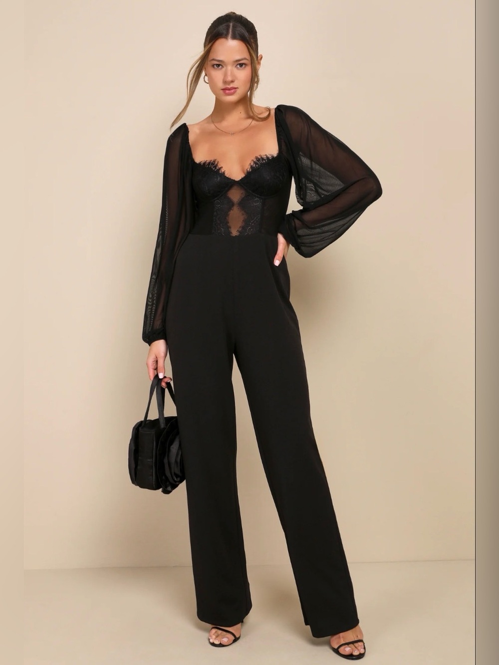 Lulus Instant Attraction Black Mesh Lace Long Sleeve Bustier Jumpsuit Size S NWT